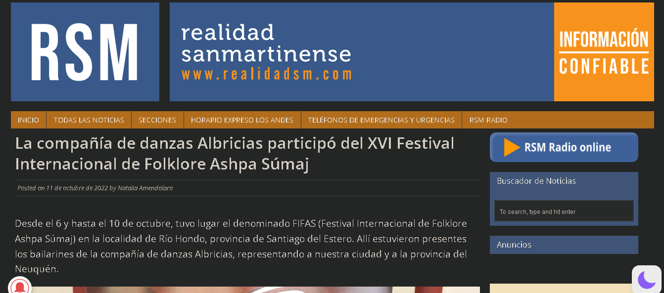 La compañía de danzas Albricias participó del XVI Festival Internacional de Folklore Ashpa Súmaj